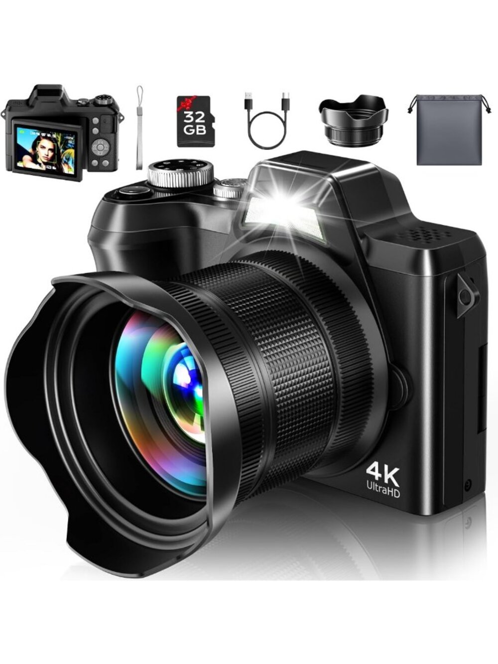 56MP 4K Digital Camera with 16X Zoom, Flip Screen & Lens Hood - Perfect for